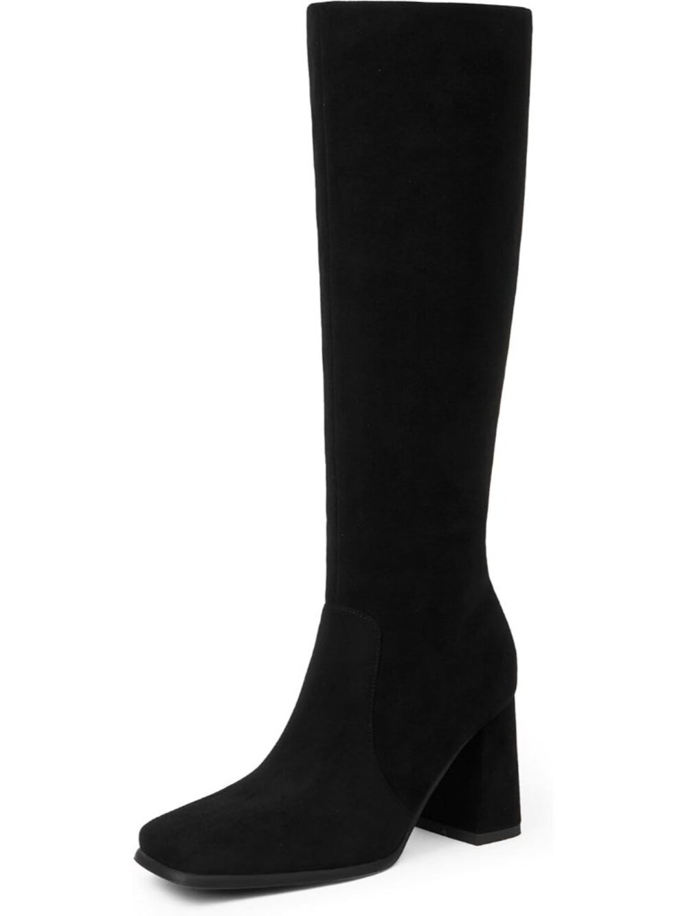 Women's Black Suede Square Toe Chunky Heel Side Zipper Knee High Gogo Boot Shoes